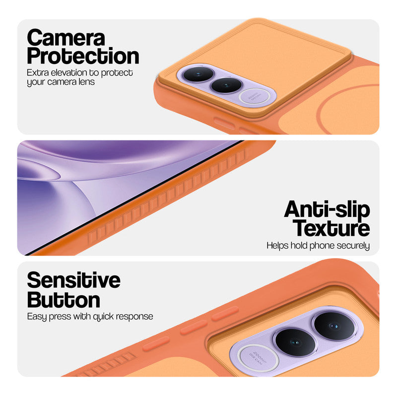 Orange phone case for Vivo V70 FE 5G showing camera safety edges, anti slip side grip and easy press button covers.