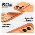 Orange phone case for Vivo V80 5G showing camera safety edges, anti slip side grip and easy press button covers.