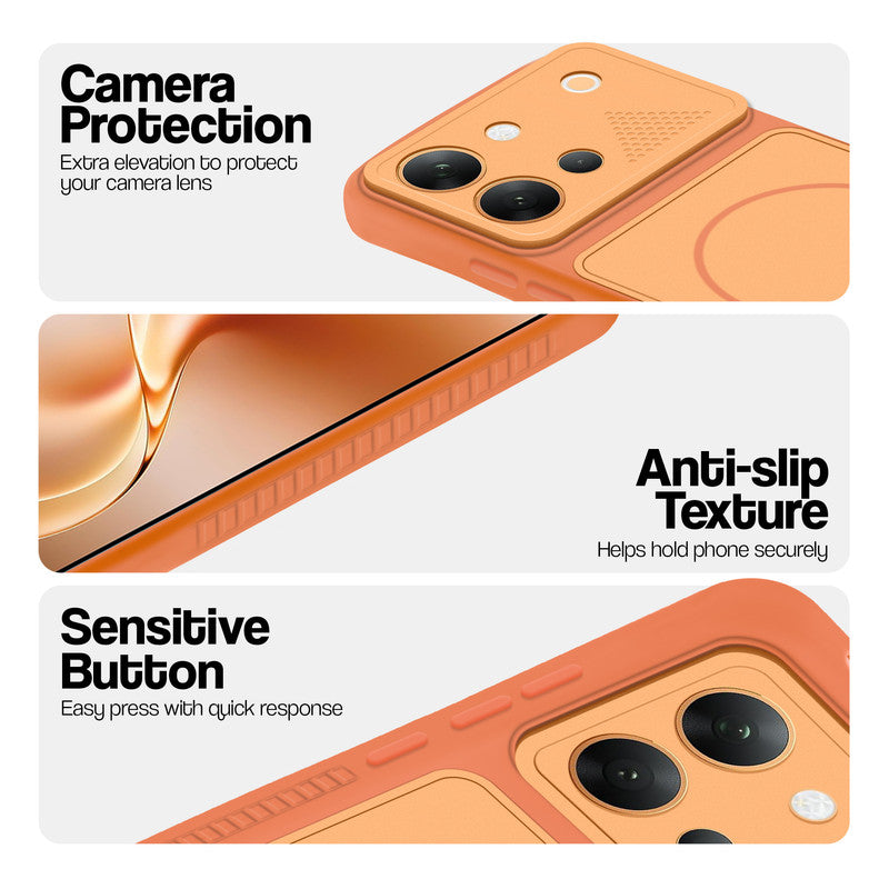 Orange phone case for Vivo V80 5G showing camera safety edges, anti slip side grip and easy press button covers.