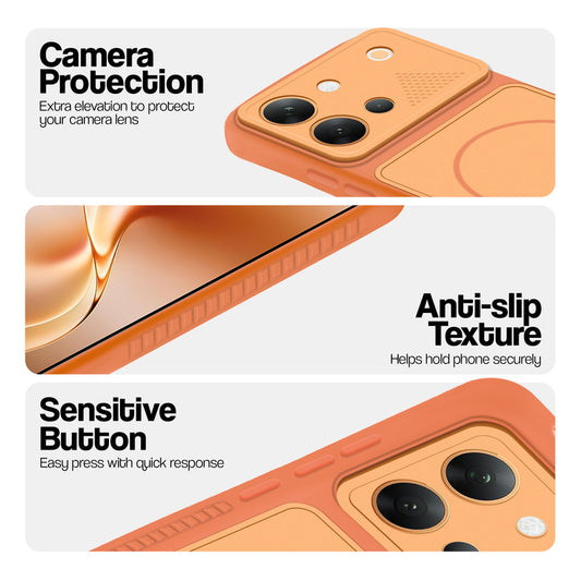 Orange phone case for Vivo V80 5G showing camera safety edges, anti slip side grip and easy press button covers.