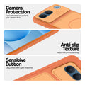 Orange phone case for Vivo V80 Lite 5G showing camera safety edges, anti slip side grip and easy press button covers.