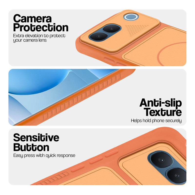 Orange phone case for Vivo V80 Lite 5G showing camera safety edges, anti slip side grip and easy press button covers.