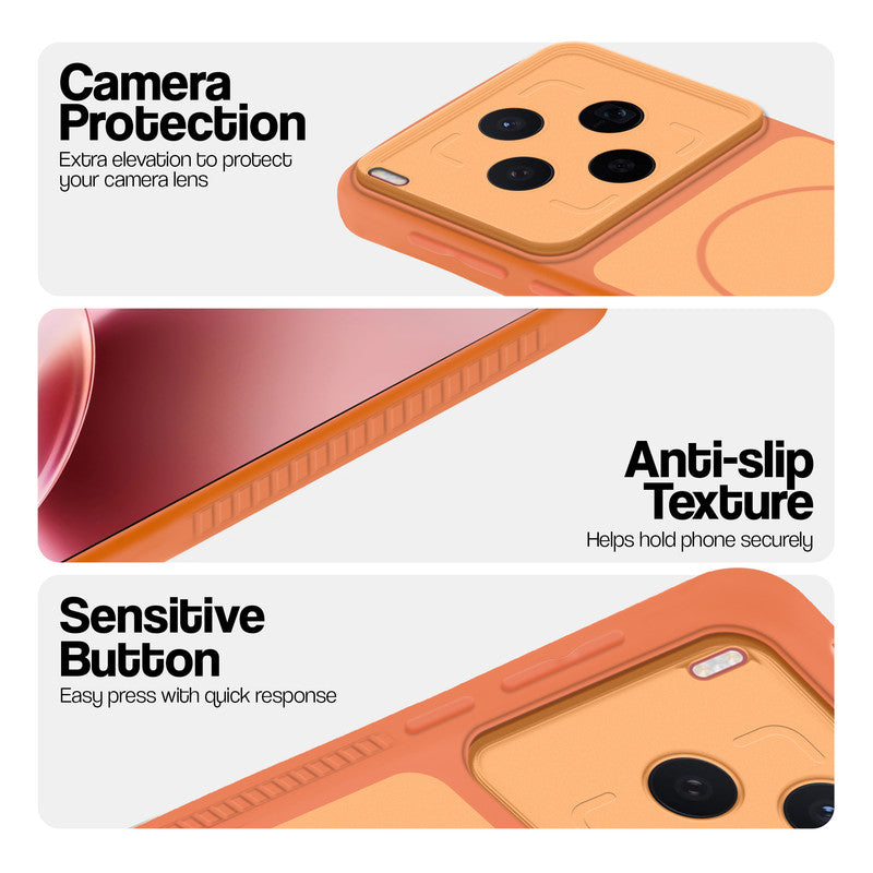 Orange phone case forMotorola Vivo X300 5G showing camera safety edges, anti slip side grip and easy press button covers.