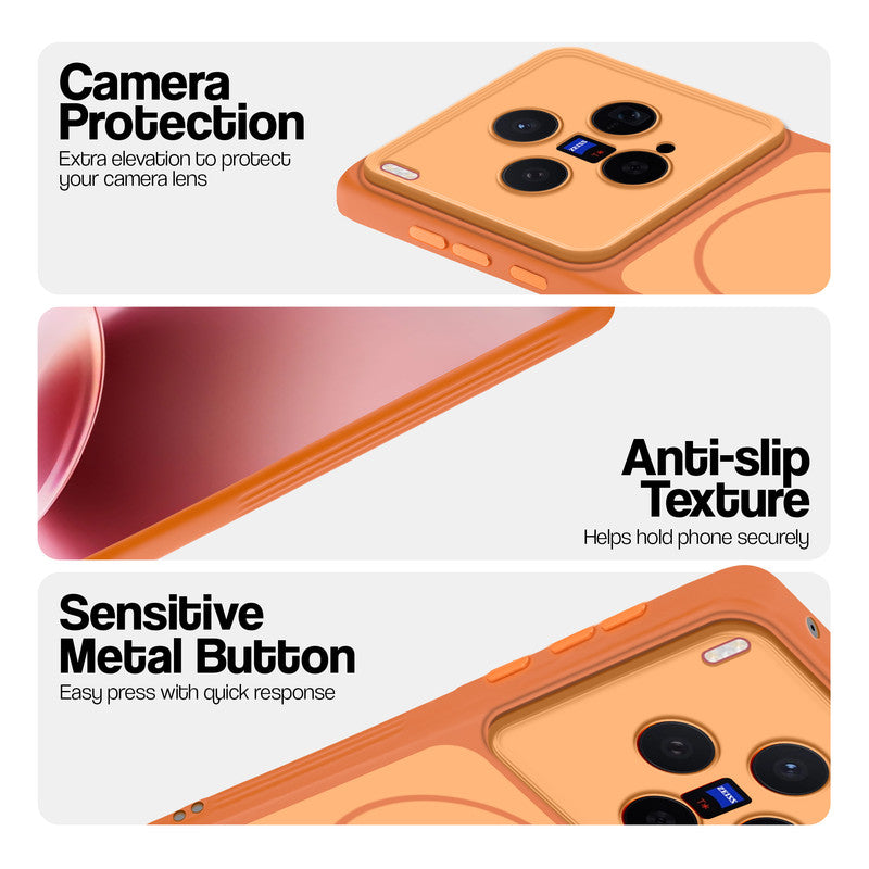 Orange Phone case for Vivo X300 5G highlighting raised camera protection, anti-slip texture, and responsive side buttons