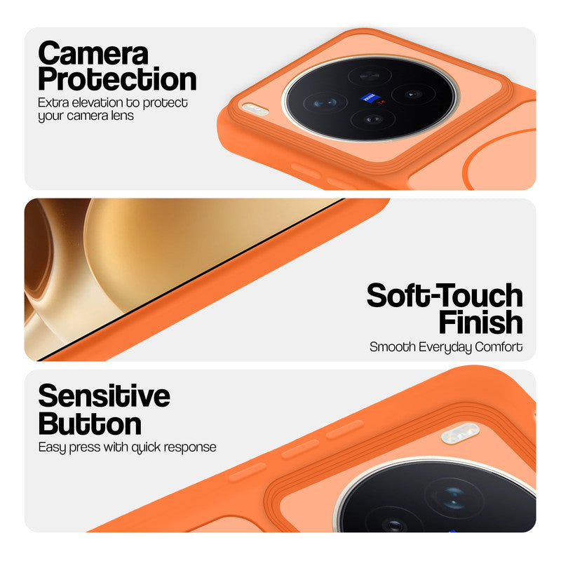 Orange phone case for Vivo X300 Pro 5G showing camera safety edges, anti slip side grip and easy press button covers.