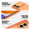 Orange phone case for Vivo Y05 4G showing camera safety edges, anti slip side grip and easy press button covers.