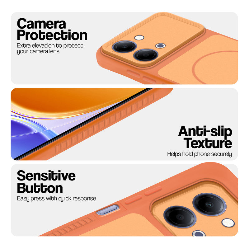 Orange phone case for Vivo Y05 4G showing camera safety edges, anti slip side grip and easy press button covers.