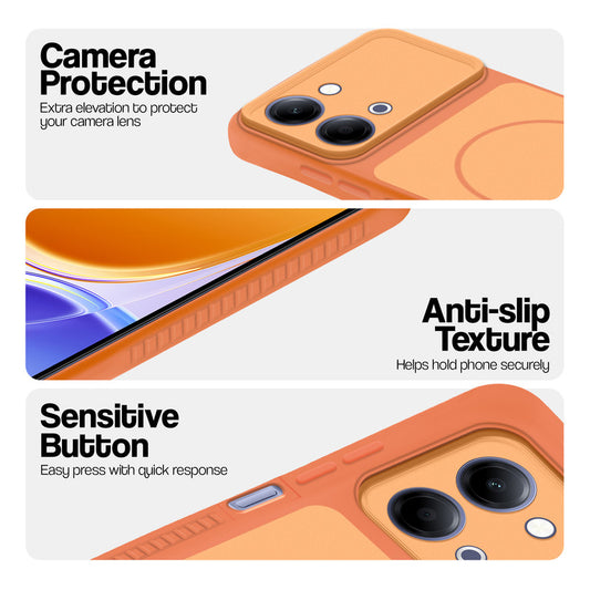 Orange phone case for Vivo Y05 4G showing camera safety edges, anti slip side grip and easy press button covers.