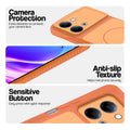 Orange phone case for Vivo Y11 5G showing camera safety edges, anti slip side grip and easy press button covers.