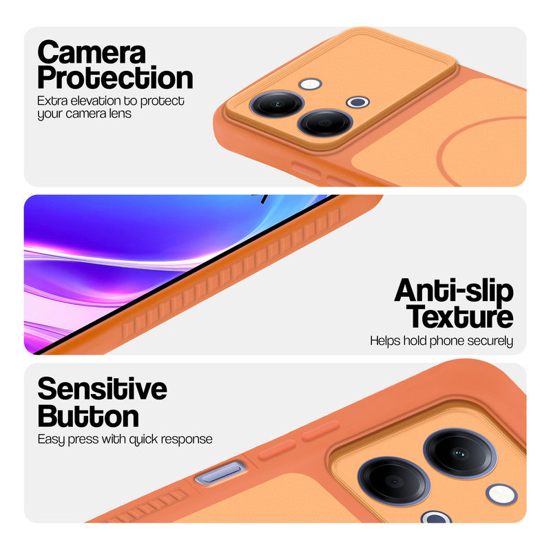 Orange phone case for Vivo Y11 5G showing camera safety edges, anti slip side grip and easy press button covers.