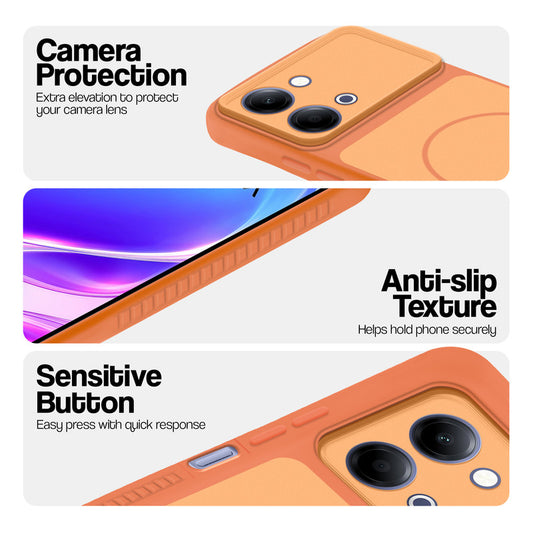 Orange phone case for Vivo Y11 5G showing camera safety edges, anti slip side grip and easy press button covers.