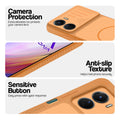 Orange phone case for Vivo Y16 showing camera safety edges, anti slip side grip and easy press button covers.