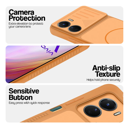Orange phone case for Vivo Y16 showing camera safety edges, anti slip side grip and easy press button covers.