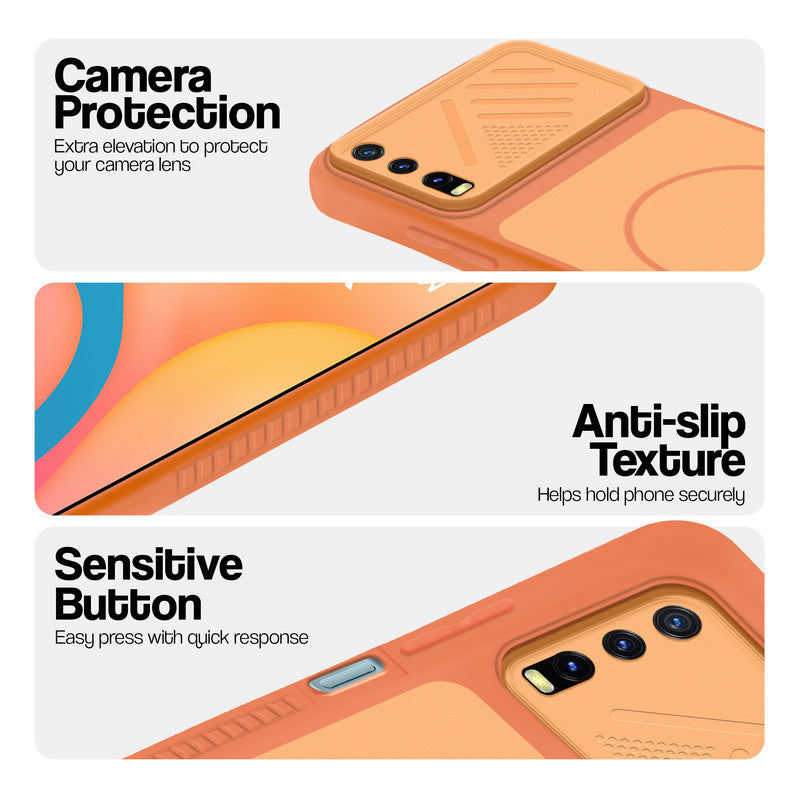 Orange phone case for Vivo Y20 showing camera safety edges, anti slip side grip and easy press button covers.