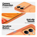Orange phone case for Vivo Y21 5G showing camera safety edges, anti slip side grip and easy press button covers.