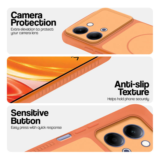 Orange phone case for Vivo Y21 5G showing camera safety edges, anti slip side grip and easy press button covers.