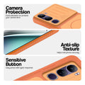 Orange phone case for Vivo Y300 5G showing camera safety edges, anti slip side grip and easy press button covers.