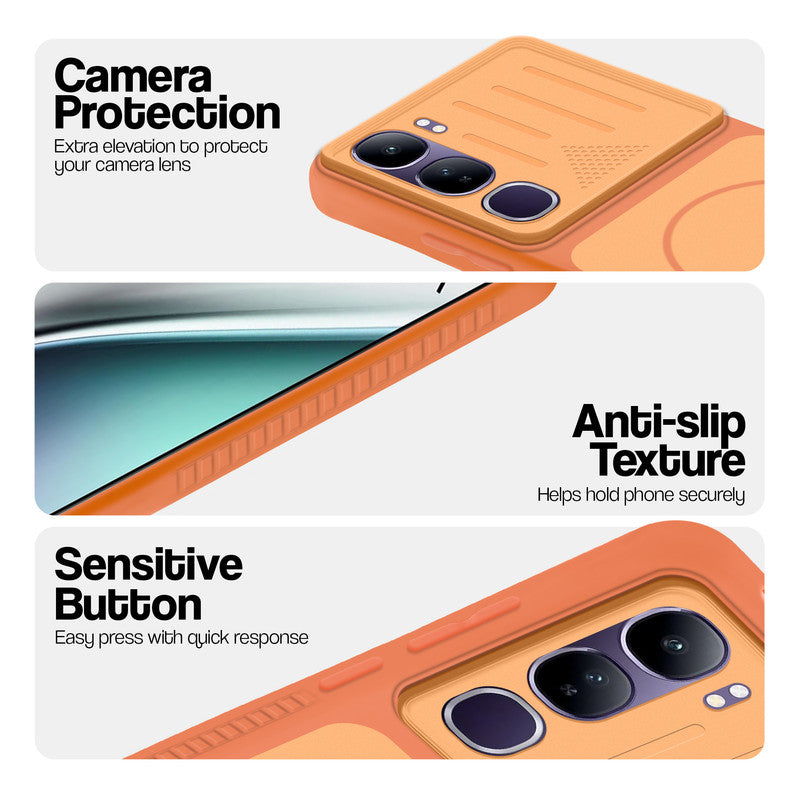 Orange phone case for Vivo Y300 5G showing camera safety edges, anti slip side grip and easy press button covers.