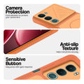 Orange phone case for Vivo Y31 Pro 5G showing camera safety edges, anti slip side grip and easy press button covers.