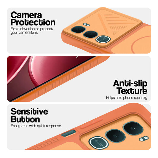Orange phone case for Vivo Y31 Pro 5G showing camera safety edges, anti slip side grip and easy press button covers.