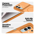 Orange phone case for Vivo Y31 5G showing camera safety edges, anti slip side grip and easy press button covers.