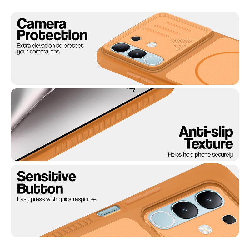 Orange phone case for Vivo Y31 5G showing camera safety edges, anti slip side grip and easy press button covers.