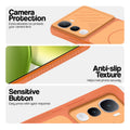 Orange phone case for Vivo Y400 5G showing camera safety edges, anti slip side grip and easy press button covers.