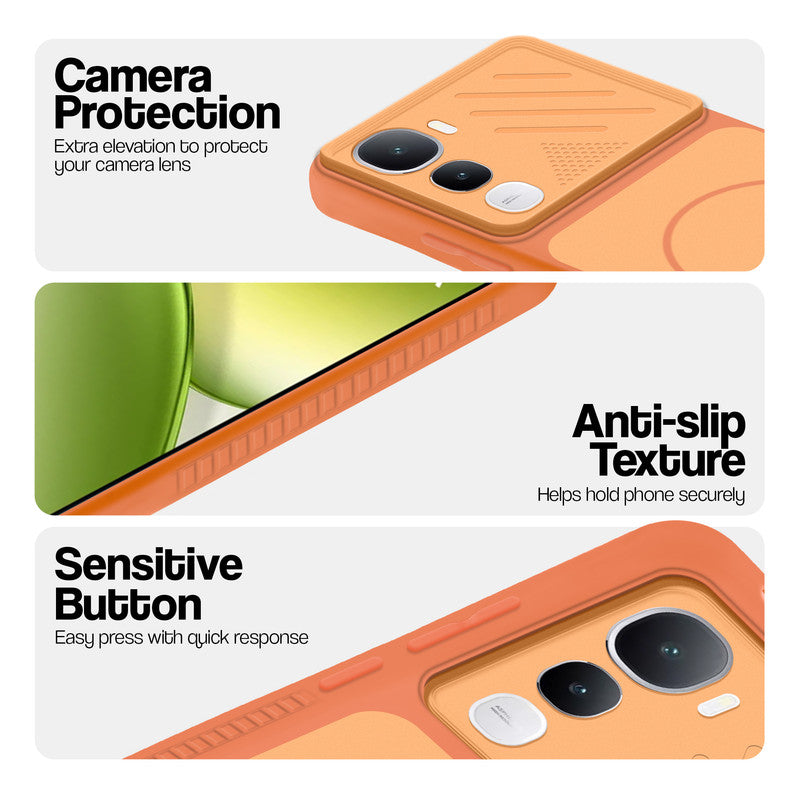 Orange phone case for Vivo Y400 5G showing camera safety edges, anti slip side grip and easy press button covers.