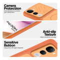 Orange phone case for Vivo Y400 Pro 5G showing camera safety edges, anti slip side grip and easy press button covers.