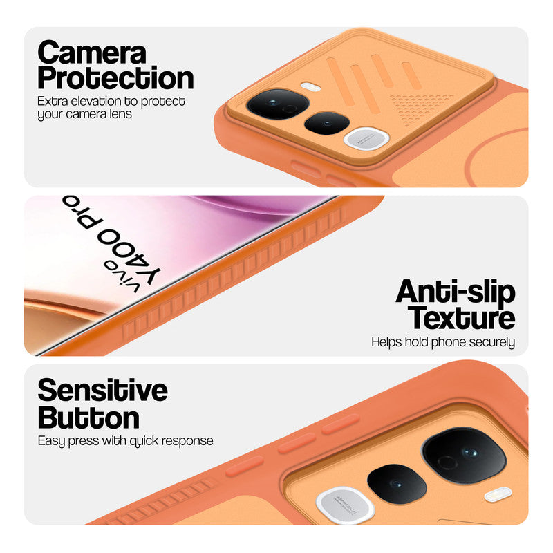 Orange phone case for Vivo Y400 Pro 5G showing camera safety edges, anti slip side grip and easy press button covers.