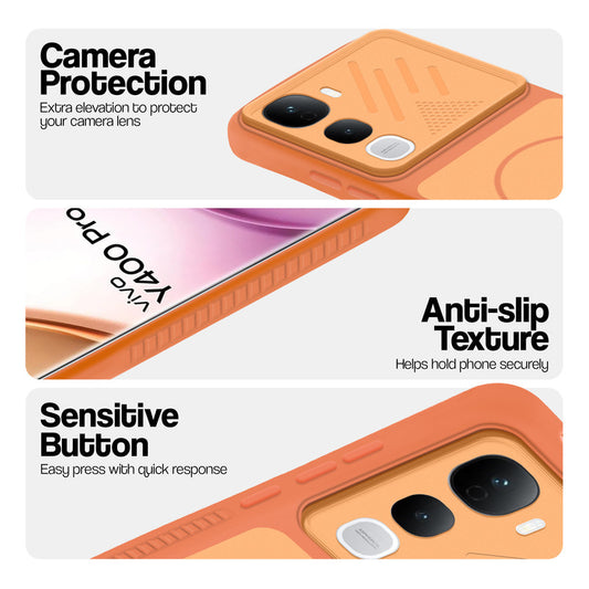 Orange phone case for Vivo Y400 Pro 5G showing camera safety edges, anti slip side grip and easy press button covers.