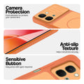 Orange phone case for Vivo Y51 Pro 5G showing camera safety edges, anti slip side grip and easy press button covers.