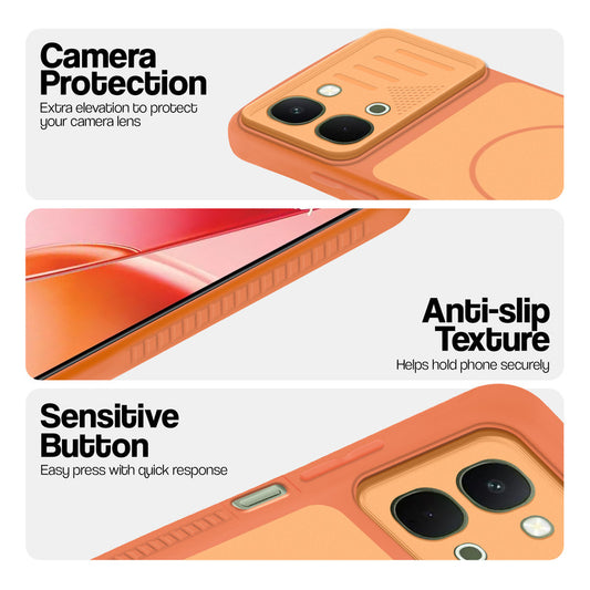 Orange phone case for Vivo Y51 Pro 5G showing camera safety edges, anti slip side grip and easy press button covers.