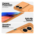 Orange phone case for Vivo Y56 5G showing camera safety edges, anti slip side grip and easy press button covers.