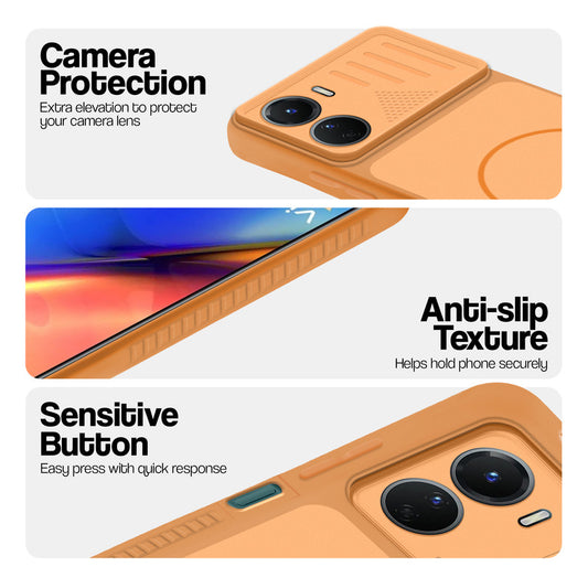 Orange phone case for Vivo Y56 5G showing camera safety edges, anti slip side grip and easy press button covers.