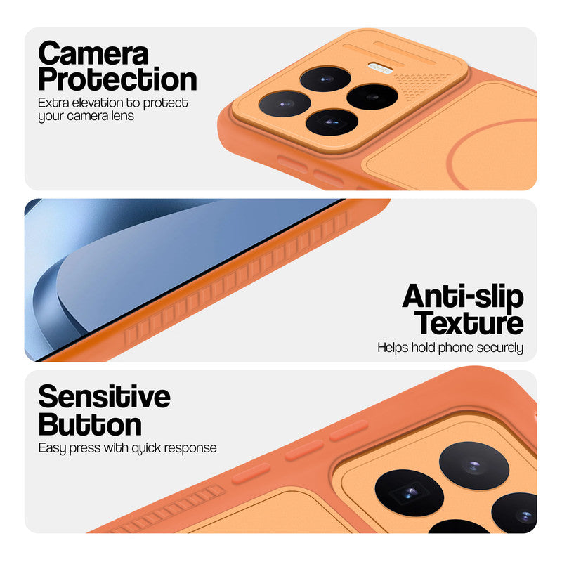 Orange phone case for Xiaomi 17T 5G showing camera safety edges, anti slip side grip and easy press button covers.
