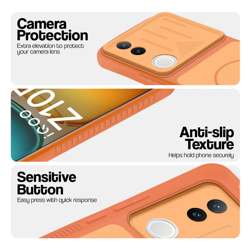 Orange phone case for iQOO Z10R 5G showing camera safety edges, anti slip side grip and easy press button covers.