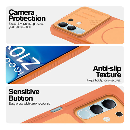 Orange phone case for iQOO Z10X 5G showing camera safety edges, anti slip side grip and easy press button covers.