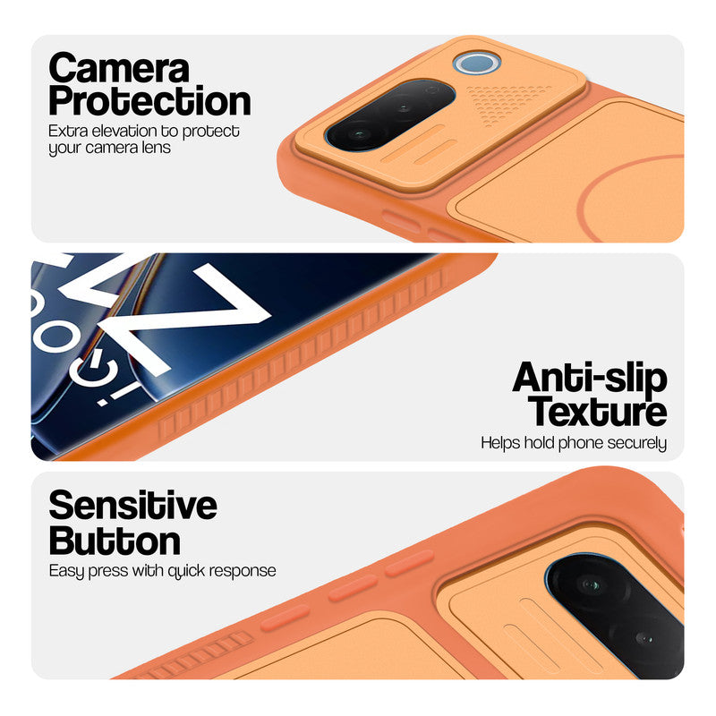 Orange phone case for iQOO Z11 5G showing camera safety edges, anti slip side grip and easy press button covers.