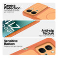 Orange phone case for iQOO Z11x 5G showing camera safety edges, anti slip side grip and easy press button covers.