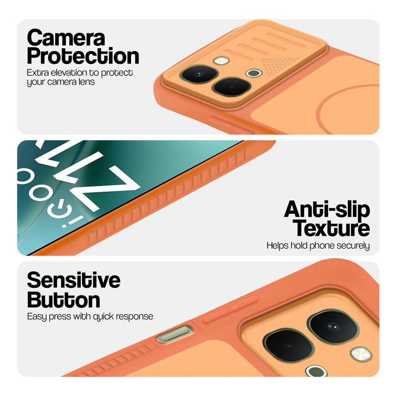 Orange phone case for iQOO Z11x 5G showing camera safety edges, anti slip side grip and easy press button covers.