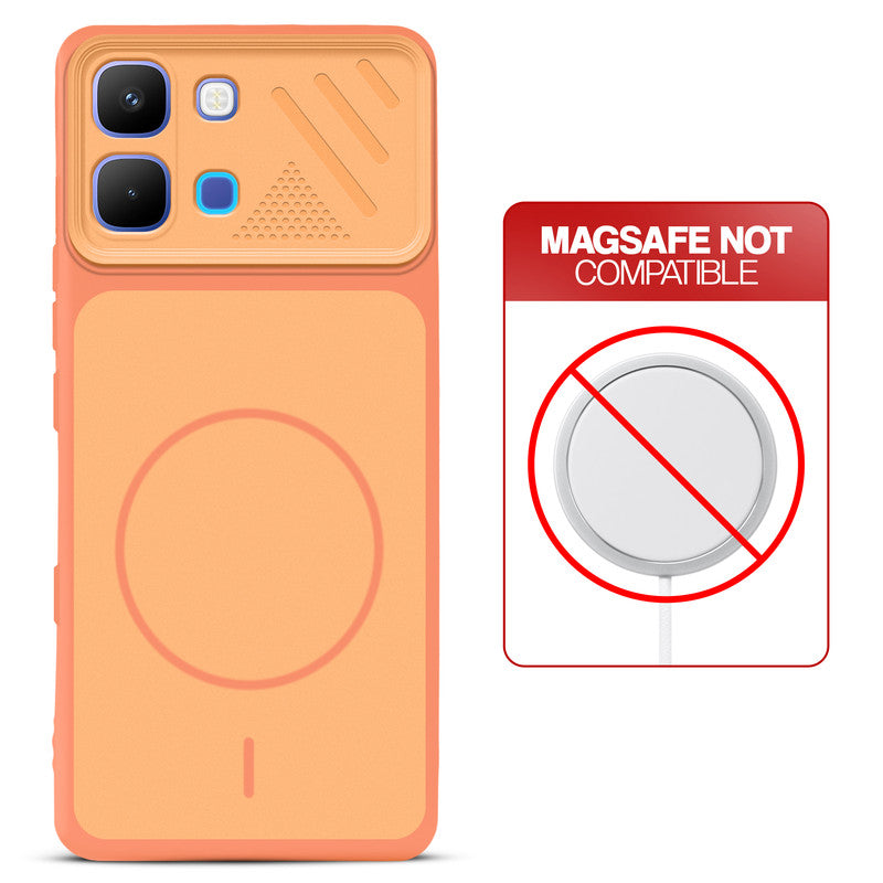 Orange back cover for Infinix Note Edge with printed ring pattern and message showing not compatible with MagSafe charging.