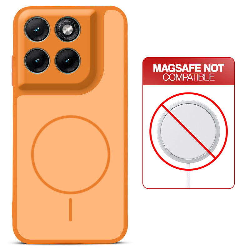 Orange back cover for Motorola G37 5G with printed ring pattern and message showing not compatible with MagSafe charging.