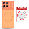 Orange back cover for Motorola G57 Power 5G with printed ring pattern and message showing not compatible with MagSafe charging.