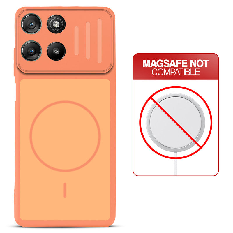 Orange back cover for Motorola G57 Power 5G with printed ring pattern and message showing not compatible with MagSafe charging.