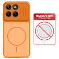 Orange back cover for Motorola G77 Power 5G with printed ring pattern and message showing not compatible with MagSafe charging.