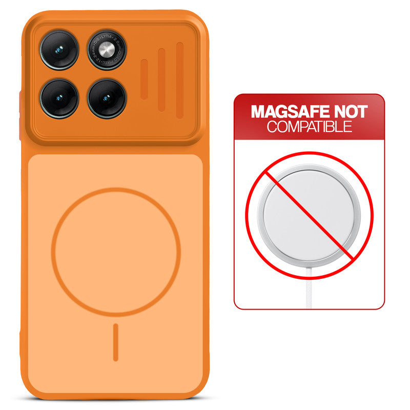 Orange back cover for Motorola G77 Power 5G with printed ring pattern and message showing not compatible with MagSafe charging.