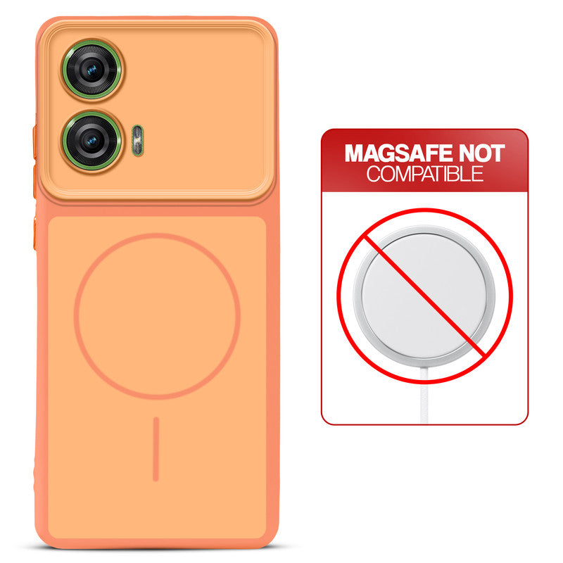 Dual tone silicone Orange phone cover for Motorola Moto Edge 50 Fusion 5G showing wireless charging not supported notice