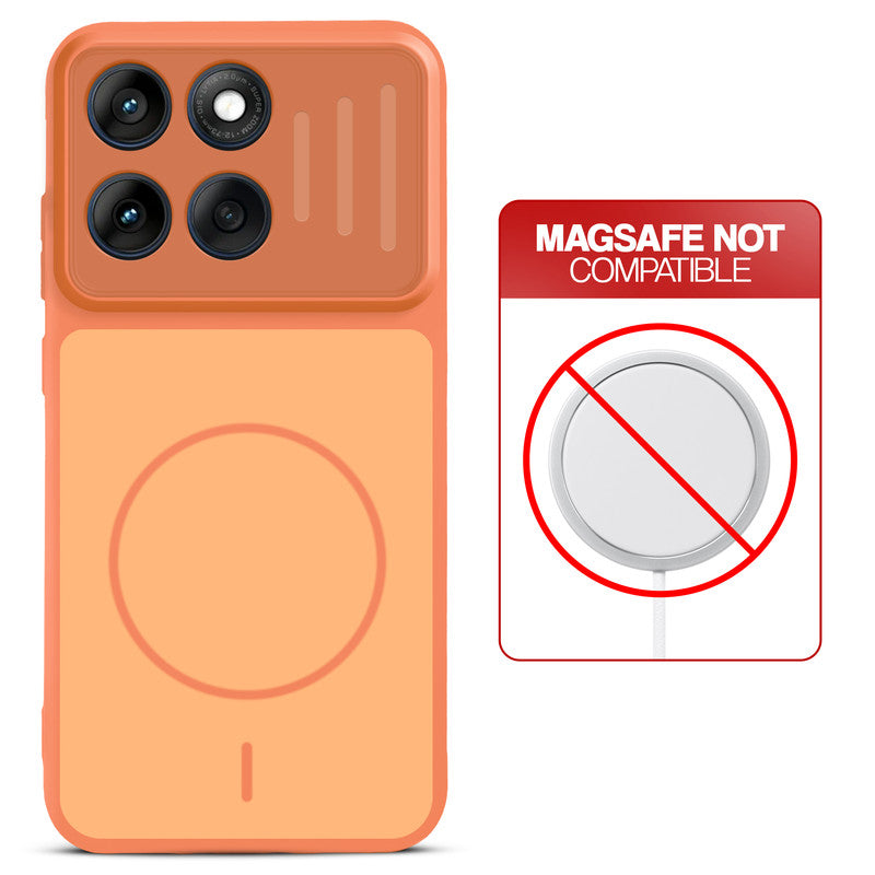 Orange back cover for Motorola Moto Edge 60 Fusion 5G with printed ring pattern and message showing not compatible with MagSafe charging.