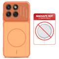 Orange back cover for Motorola Moto Edge 70 5G with printed ring pattern and message showing not compatible with MagSafe charging.